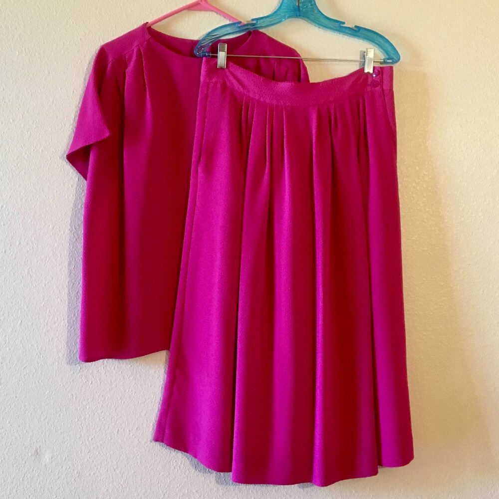 VTG 80s Bright Pink Barbie Pink Two-Piece Oversized Top Pleated Skirt Set Sz L